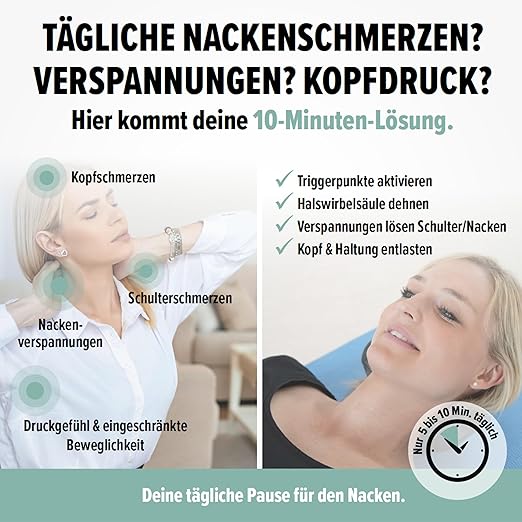 Frau mit Nackenschmerzen, Verspannungen und Kopfdruck — die 10-Minuten-Lösung